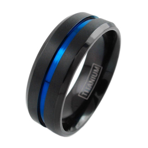 Awesome 6/8mm Black Beveled Edge Titanium Wedding Band Recessed Thin Blue Line Stripe. Sized for men and women.