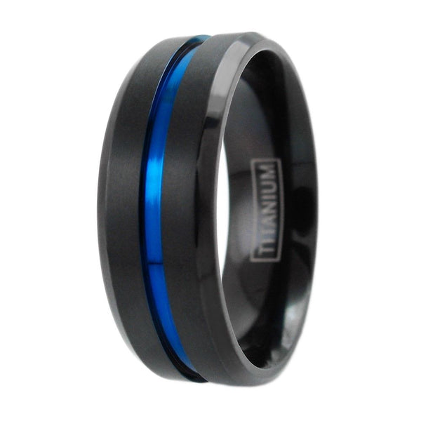 Awesome 6/8mm Black Beveled Edge Titanium Wedding Band Recessed Thin Blue Line Stripe. Sized for men and women.