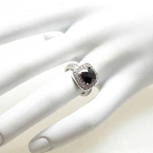 Square cut black obsidian colored CZ cocktail ring | Wholesale sterling silver rings - Jewelry | Hand photo