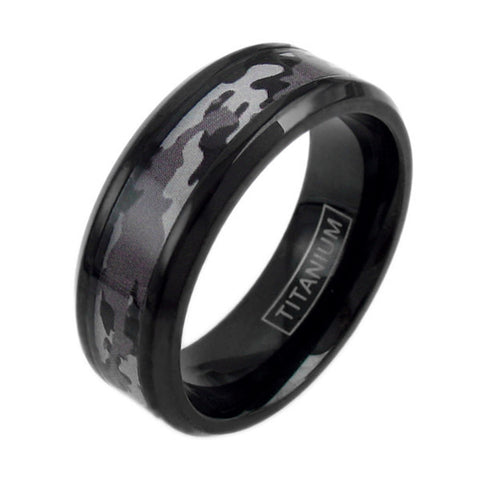 Black titanium ring with chamfered edges and GRAY/PURPLE camo inlay | Wholesale Jewelry | Main photo