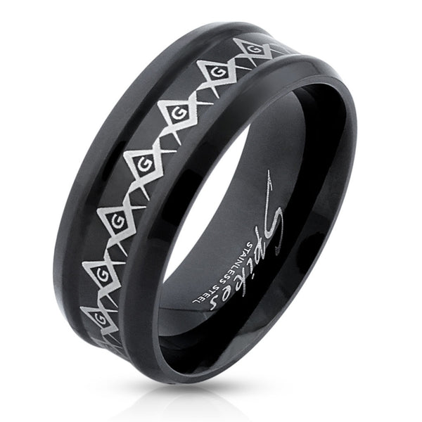 Black concave stainless steel ring with endless laser etched masonic symbol | Wholesale Jewelry