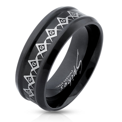 Black concave stainless steel ring with endless laser etched masonic symbol | Wholesale Jewelry