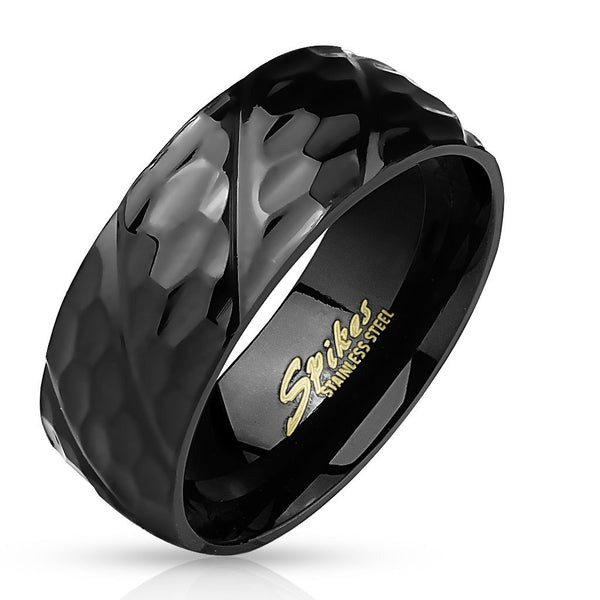Black ring with honeycomb pattern band and slash grooves | Wholesale stainless steel rings - Jewelry | Main photo