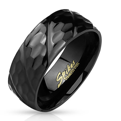 Black ring with honeycomb pattern band and slash grooves | Wholesale stainless steel rings - Jewelry | Main photo