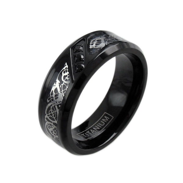 Black titanium ring with silver Celtic dragon and three CZ accents | Wholesale Jewelry | Large photo