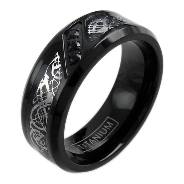 Black titanium ring with silver Celtic dragon and three CZ accents | Wholesale Jewelry | Main photo