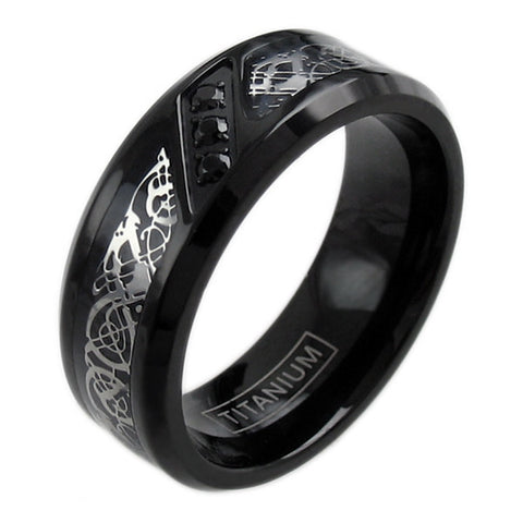 Black titanium ring with silver Celtic dragon and three CZ accents | Wholesale Jewelry | Main photo
