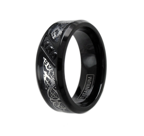 Black titanium ring with silver Celtic dragon and three CZ accents | Wholesale Jewelry | Alternate photo