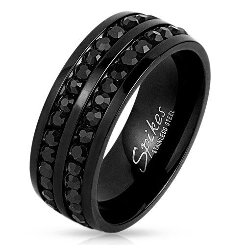 Black stainless steel eternity ring w/ two rows of CZs | Wholesale stainless steel rings - Jewelry | Small photo