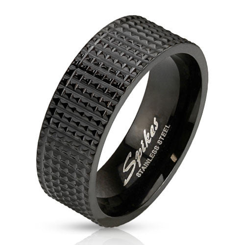 Black stainless steel ring cast in pyramid spikes | Wholesale stainless steel rings - Jewelry