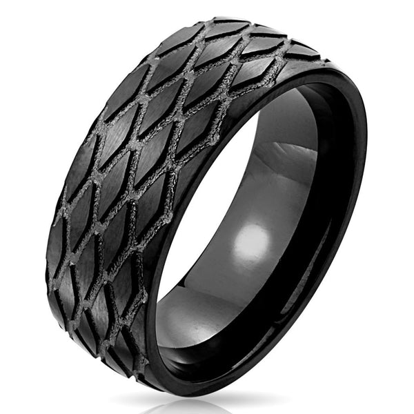 Black stainless steel ring in diamond pattern tire tread design | Wholesale stainless steel rings - Jewelry | Large