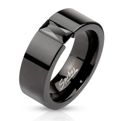 Black stainless steel ring with floating rectangular black gem | Wholesale 316L stainless steel rings - Jewelry