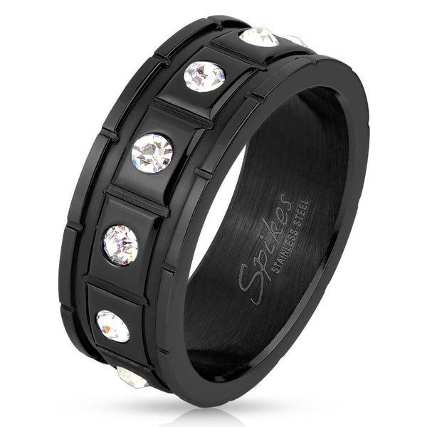 Brilliant black stainless steel ring with twelve chiclets, each with clear CZ | Wholesale Jewelry | Main photo