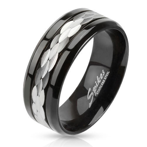 Black stainless steel ring with shave faceted silver center band | Wholesale 316L stainless steel rings - Jewelry