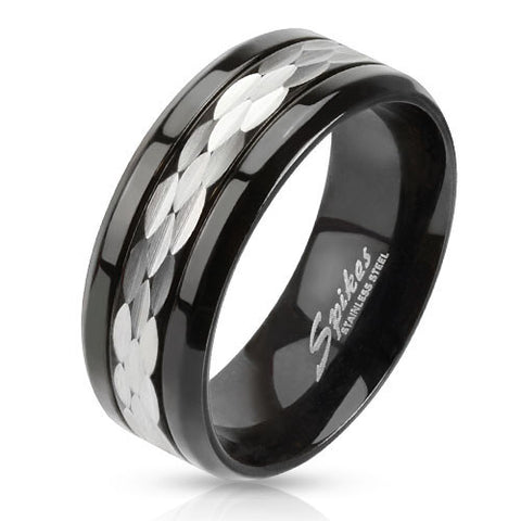 Black stainless steel ring with shave faceted silver center band | Wholesale 316L stainless steel rings - Jewelry