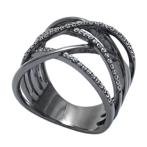 Black sterling silver crisscross ring with stone embellishments. Wholesale sterling silver rings. Main photo.