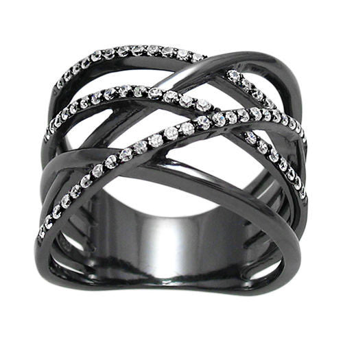 Black sterling silver crisscross ring with stone embellishments. Wholesale sterling silver rings. Alternate 2 photo.