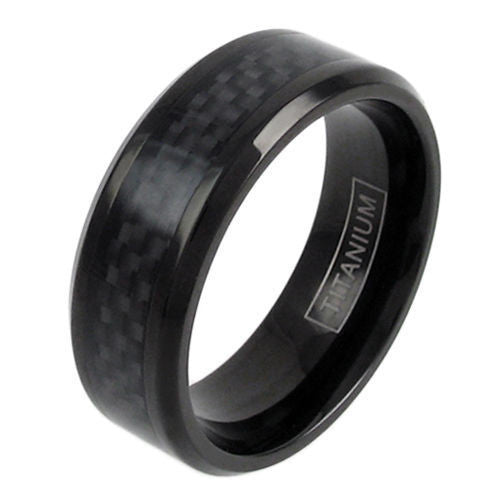 Black titanium ring with all black carbon fiber inlay & beveled edges | Wholesale Jewelry | Main photo