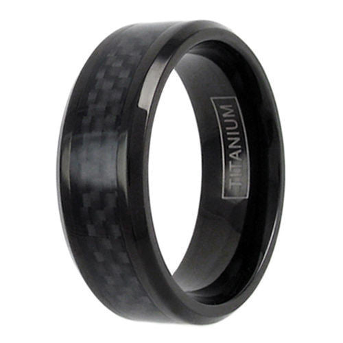 Black titanium ring with all black carbon fiber inlay & beveled edges | Wholesale Jewelry | Upright photo