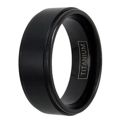 Black titanium ring with brushed finish band and stepped edges | Wholesale Titanium Jewelry | Upright photo
