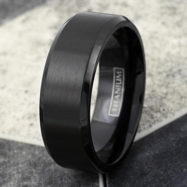 Black titanium ring w/ brushed satin finish center band & beveled edges | Wholesale Titanium Rings - Jewelry | Tile photo