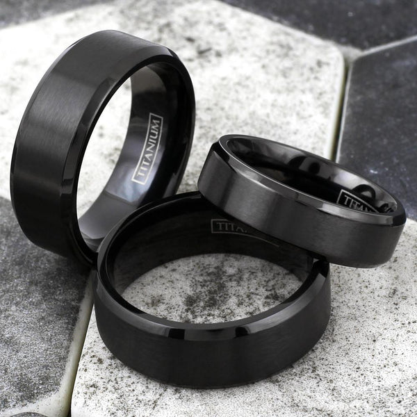 Black titanium ring w/ brushed satin finish center band & beveled edges | Wholesale Titanium Rings - Jewelry | Group photo