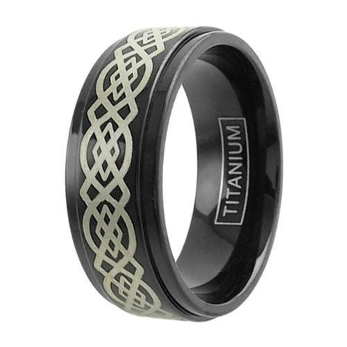 Black titanium ring with gold Celtic knot engraving | Wholesale titanium jewelry | Upright photo