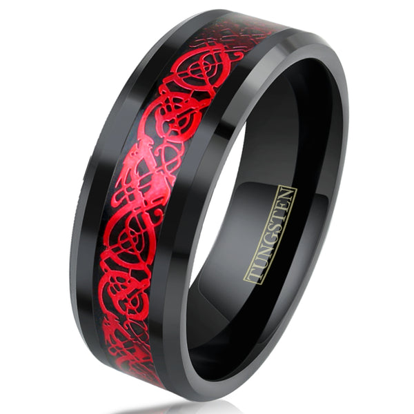 Black Tungsten Carbide Band Ring w/ Ruby Red Celtic dragon Inlay | White Tilted Photo