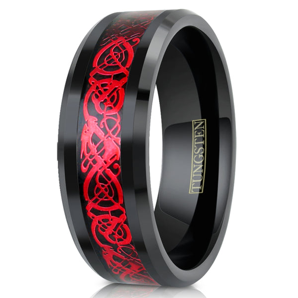 Black Tungsten Carbide Band Ring w/ Ruby Red Celtic dragon Inlay | White Upright Photo
