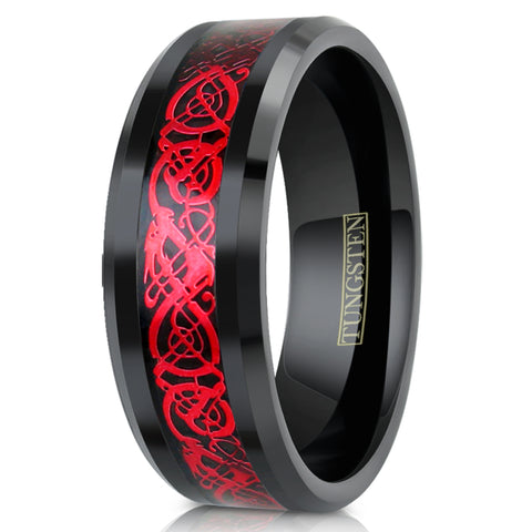 Black Tungsten Carbide Band Ring w/ Ruby Red Celtic dragon Inlay | White Upright Photo