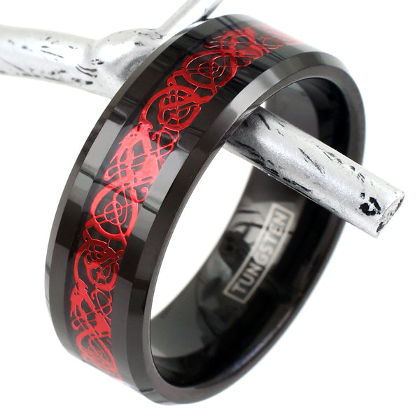 Black Tungsten Carbide Band Ring w/ Ruby Red Celtic dragon Inlay | Prop Photo