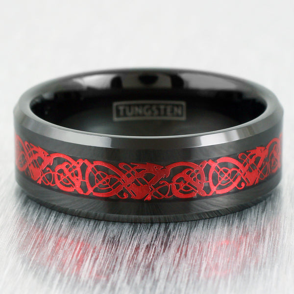 Black Tungsten Carbide Band Ring w/ Ruby Red Celtic dragon Inlay | Flat Photo
