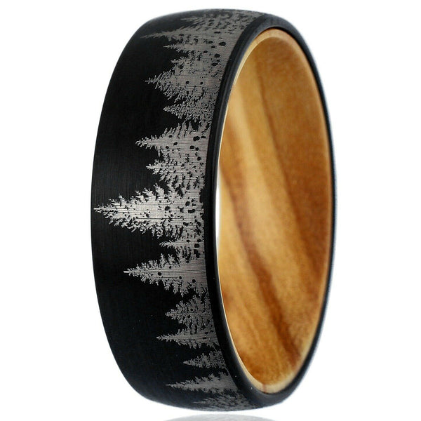 Black tungsten carbide low dome band ring 2/ etched forestry scene & olive wood inner band | white photo