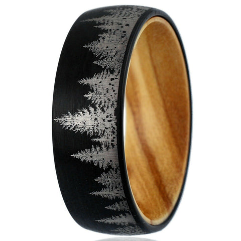 Black tungsten carbide low dome band ring 2/ etched forestry scene & olive wood inner band | white photo