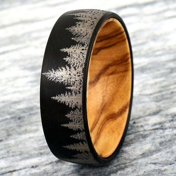 Black tungsten carbide low dome band ring 2/ etched forestry scene & olive wood inner band | front photo