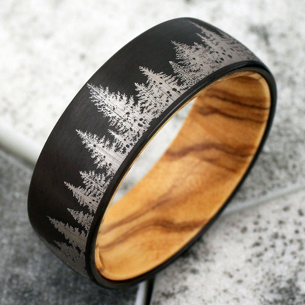 Black tungsten carbide low dome band ring 2/ etched forestry scene & olive wood inner band | tilted photo