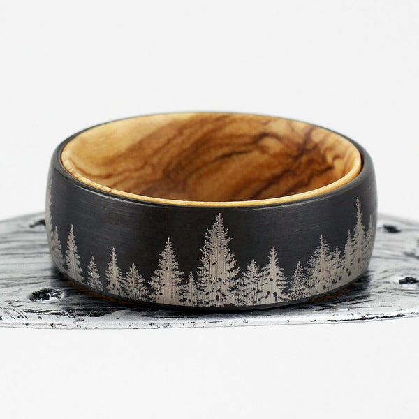 Black tungsten carbide low dome band ring 2/ etched forestry scene & olive wood inner band | leaf photo