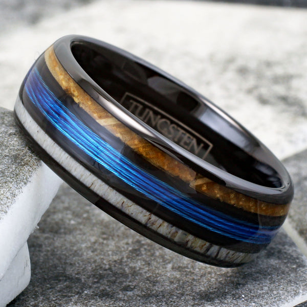Magnificent Polished Black Tungsten Low Dome Ring with Bright Blue Real Fishing Line Between Whiskey Barrel Oak Wood and Deer Antler Inlays.