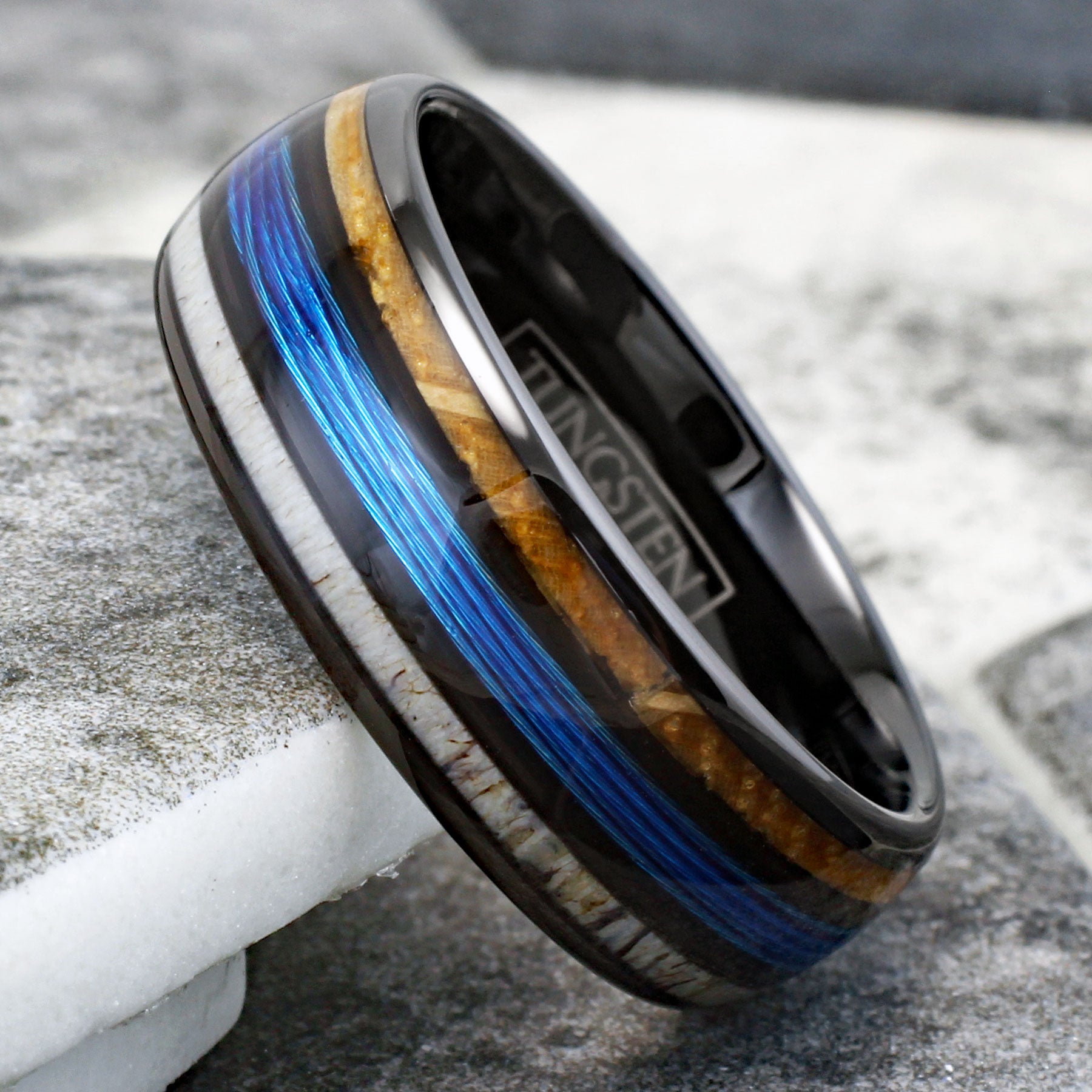 Black Flat Tungsten Band Ring w/ Whiskey Barrel Oak Inlay Outer Band. 