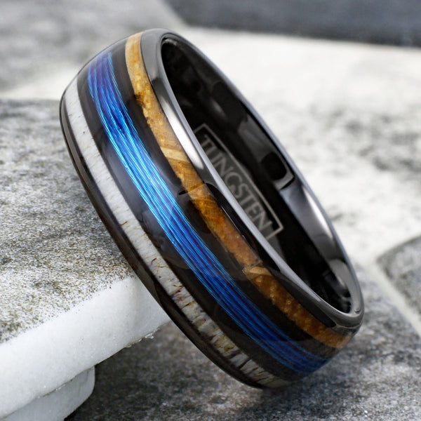 Magnificent Polished Black Tungsten Low Dome Ring with Bright Blue Real Fishing Line Between Whiskey Barrel Oak Wood and Deer Antler Inlays.