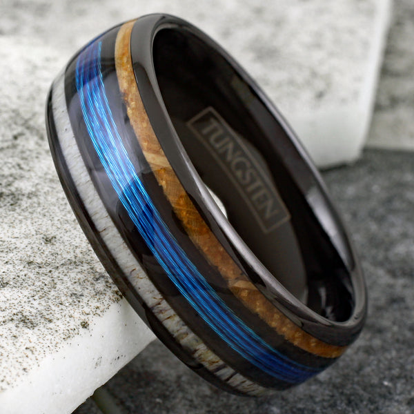 Magnificent Polished Black Tungsten Low Dome Ring with Bright Blue Real Fishing Line Between Whiskey Barrel Oak Wood and Deer Antler Inlays.