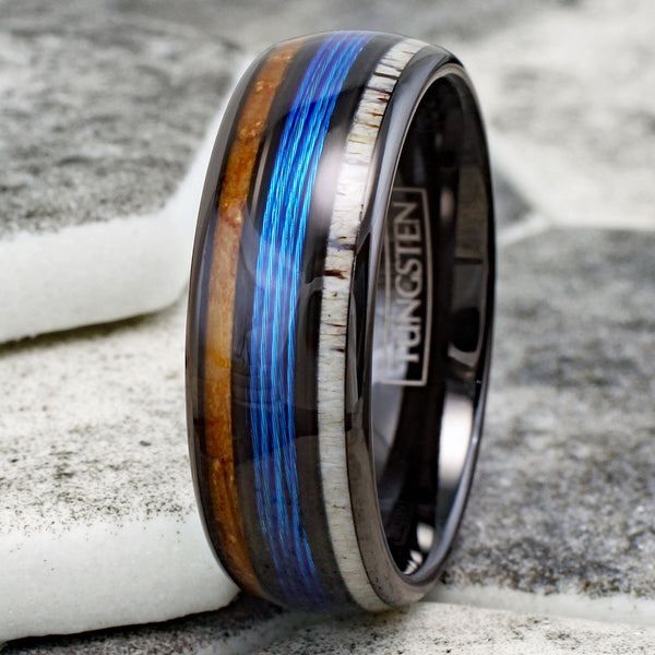 Magnificent Polished Black Tungsten Low Dome Ring with Bright Blue Real Fishing Line Between Whiskey Barrel Oak Wood and Deer Antler Inlays.
