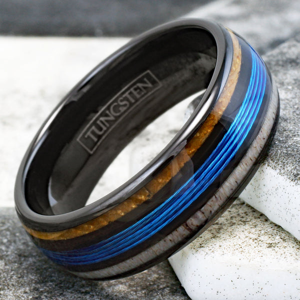 Magnificent Polished Black Tungsten Low Dome Ring with Bright Blue Real Fishing Line Between Whiskey Barrel Oak Wood and Deer Antler Inlays.