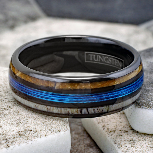 Magnificent Polished Black Tungsten Low Dome Ring with Bright Blue Real Fishing Line Between Whiskey Barrel Oak Wood and Deer Antler Inlays.