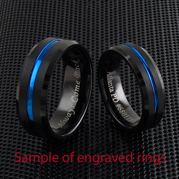 6mm Black brushed finish tungsten carbide ring w/ thin blue line stripe & beveled edges | Engraving sample photo