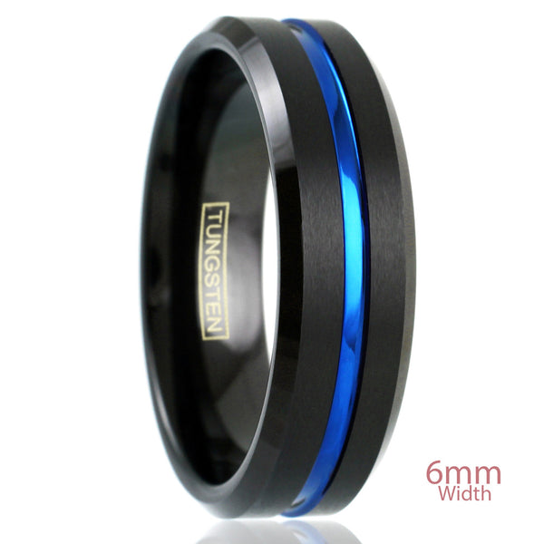 6mm Black brushed finish tungsten carbide ring w/ thin blue line stripe & beveled edges | White photo