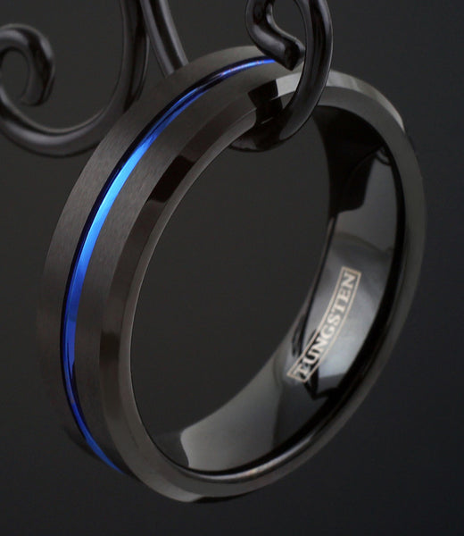 6mm Black brushed finish tungsten carbide ring w/ thin blue line stripe & beveled edges | Black side photo