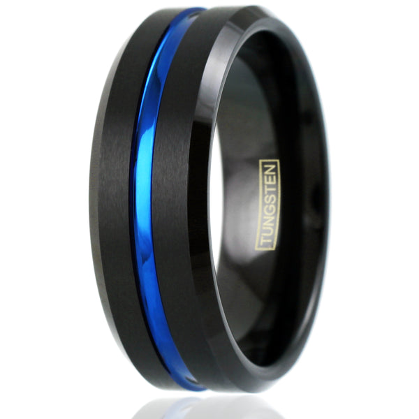 8mm Black brushed finish tungsten carbide ring w/ thin blue line stripe & beveled edges | White photo