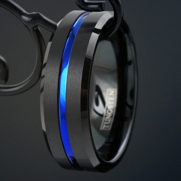 8mm Black brushed finish tungsten carbide ring w/ thin blue line stripe & beveled edges | Black photo