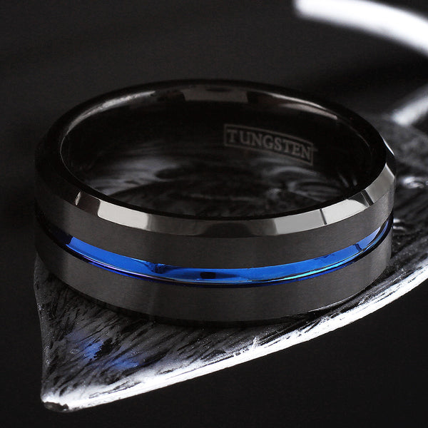 8mm Black brushed finish tungsten carbide ring w/ thin blue line stripe & beveled edges | Leaf photo
